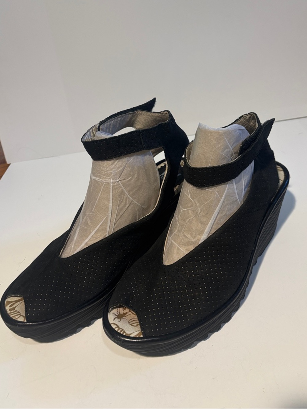 Fly London Black Perforated Peep-Toe Wedge Sandals with Ankle Strap